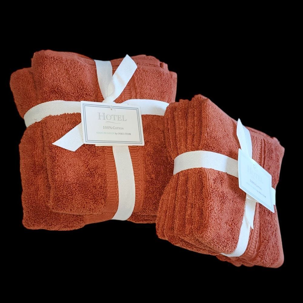 Hotel‎ 8pc Autumn Rust Red Cotton Towel Set 2 Bath 2 Hand 4 Tip Made in Green - Picture 14 of 15